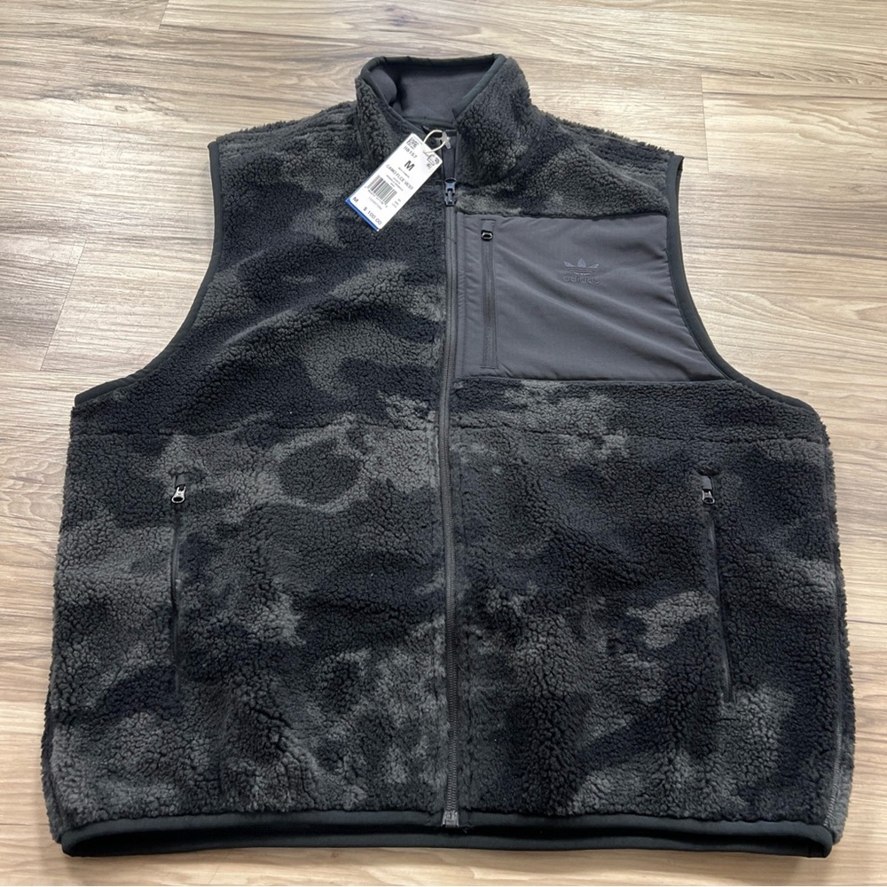 Adidas Reversible Vest Camo Zip Fleece Pockets Black Men Size Medium II8157 $100